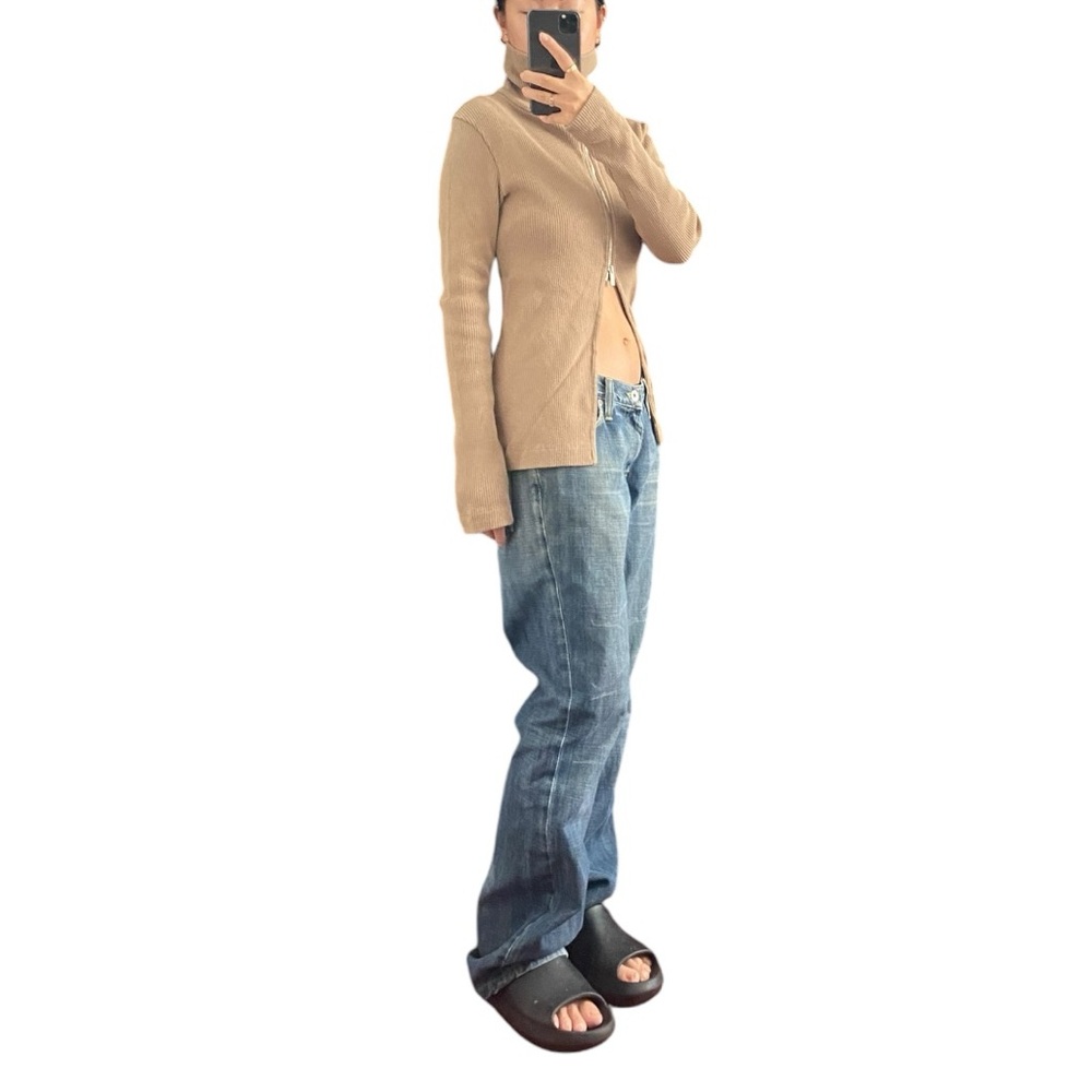 Oak + Fort Open Slit Double Zip High Neck Beige Sweater Size M